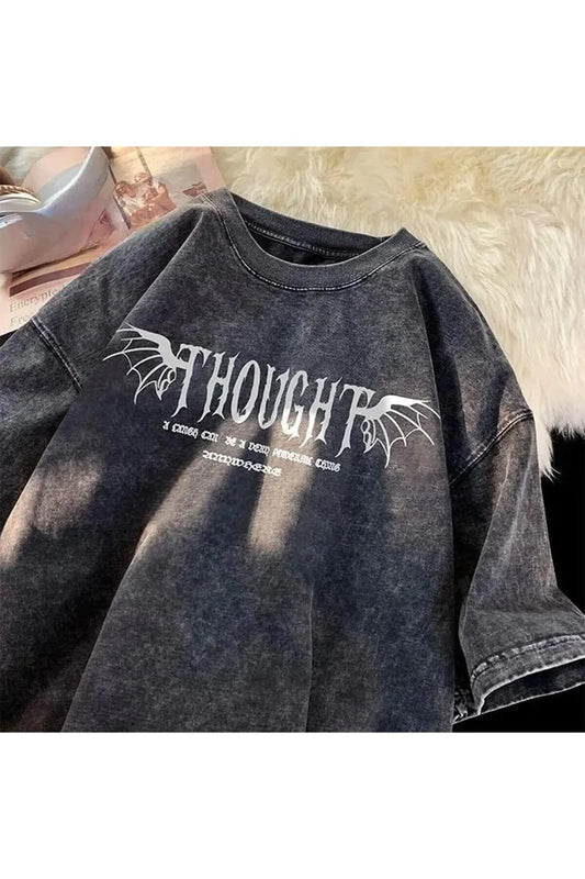 Yıkamalı Streetwear Rose Baskılı Unisex Oversize Vintage T-shirt