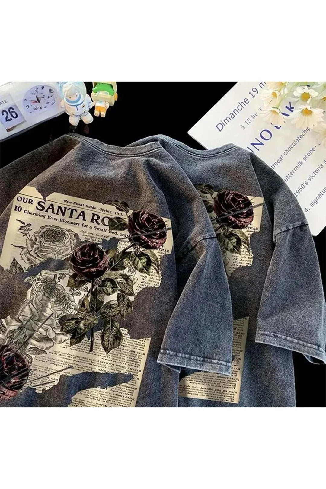 Yıkamalı Streetwear Rose Baskılı Unisex Oversize Vintage T-shirt