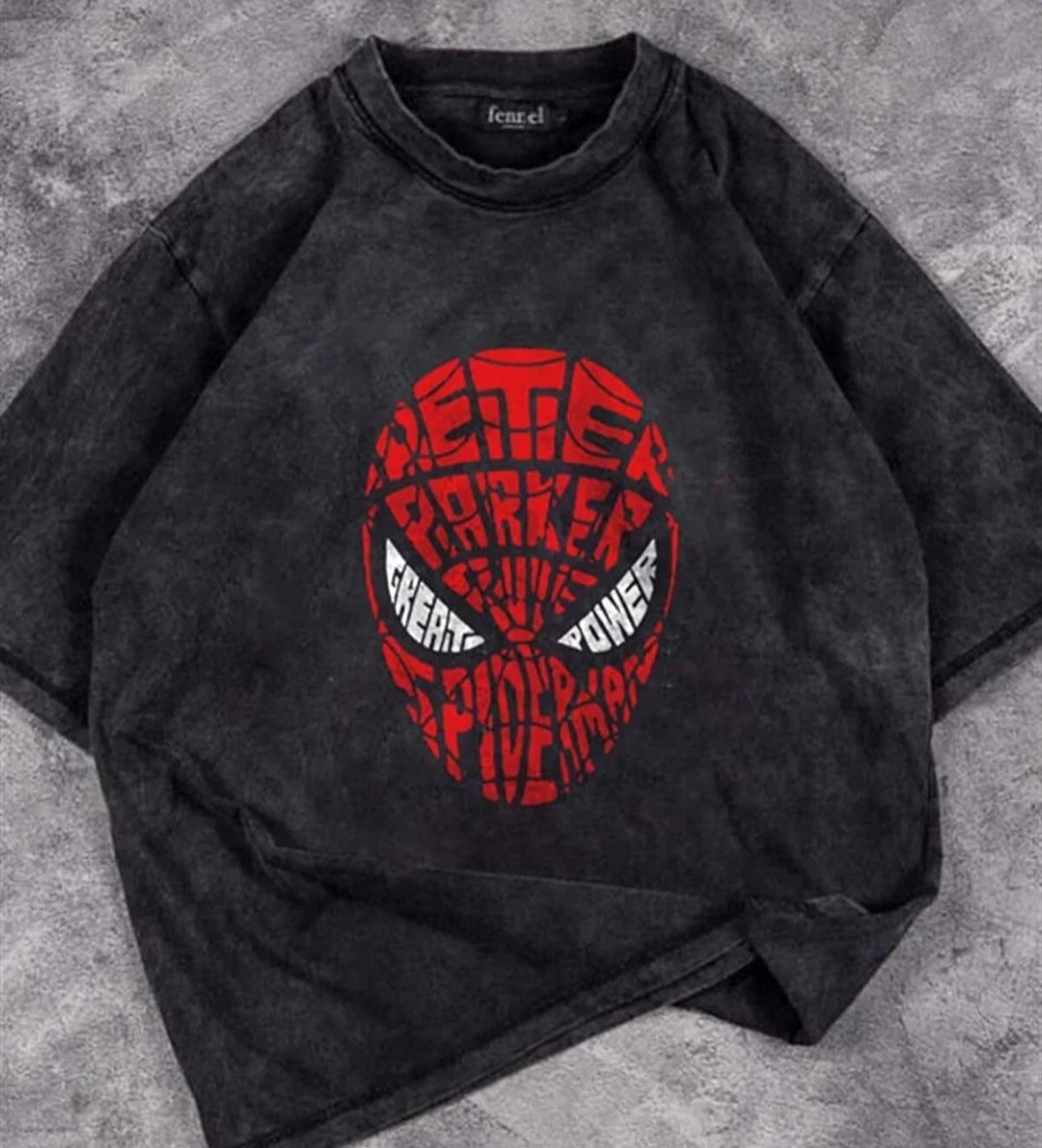 Yıkamalı Spider-man Head Baskılı Oversize Eskitme T-shirt
