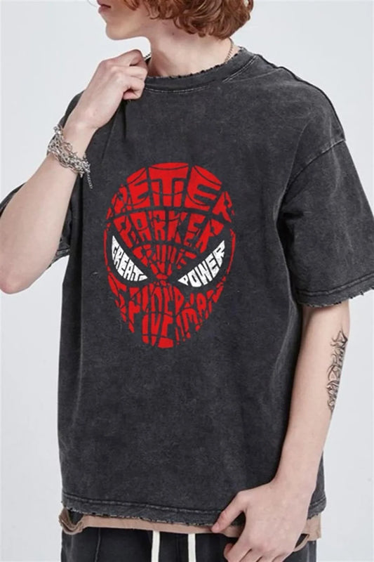 Yıkamalı Spider-man Head Baskılı Oversize Eskitme T-shirt