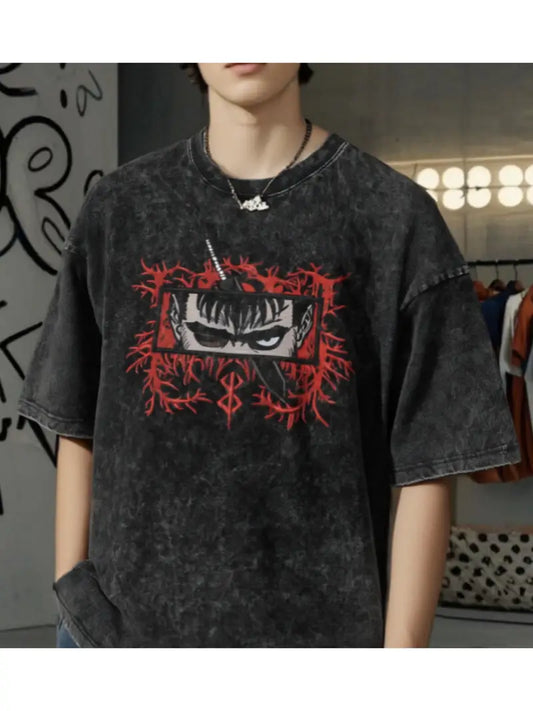 Berserk Yıkanmış Siyah Yuvarlak Yaka T-shirt