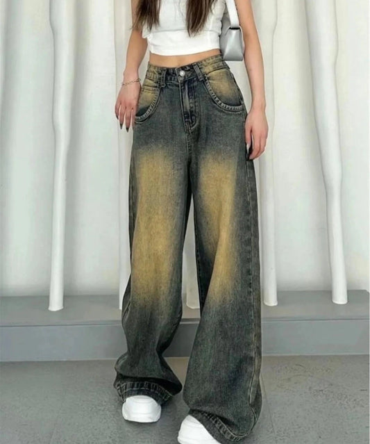 Y2k Baggy Yıkamalı Renk Desenli Geniş Paça Jean Pantolon