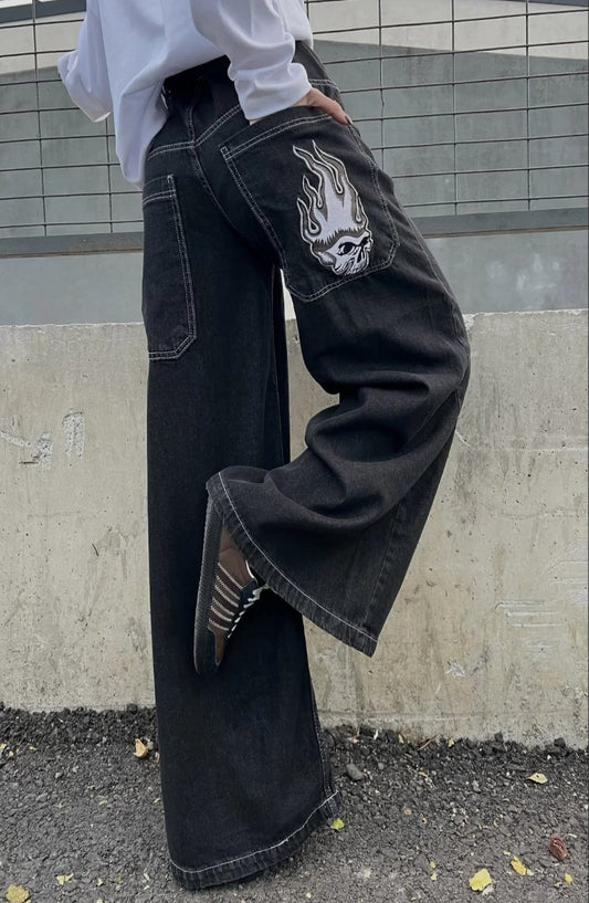 Oversize Grafiti Detaylı Unisex Jean Pantolon Füme