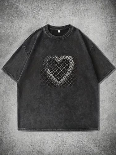 Gofret Wear Parçalı Kalp Yıkamalı Oversize T-shirt