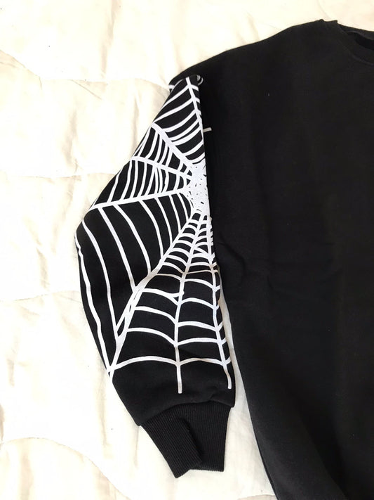 Spider Kol Düz Siyah Oversize Sweatshirt