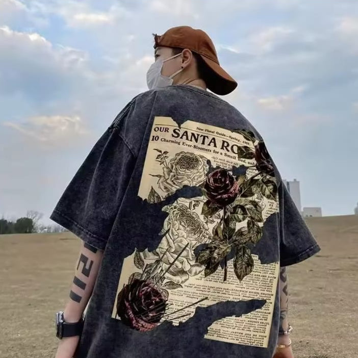 Gofret Wear Sırt Çiçek Tasarımlı Yıkamalı Oversize T-shirt