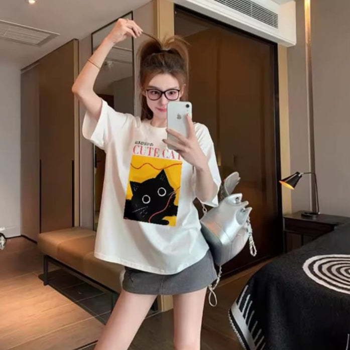 Gofret Wear Cute Cat Beyaz Unisex Oversize T-shirt