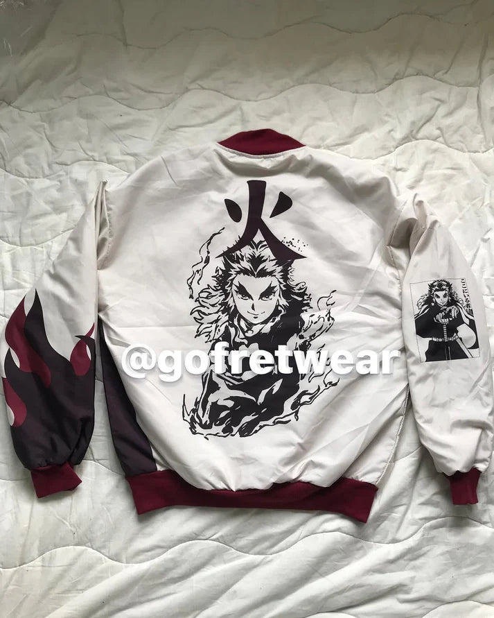 Bej Anime Flame Hashira Kyojuro Rengoku Unisex Bomber Ceket