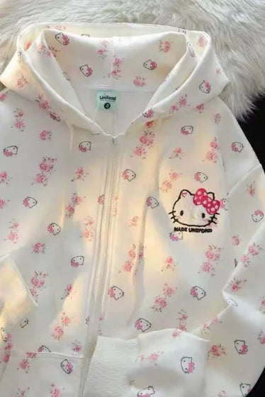 Beyaz Anime Kawaii Hello Kitty Detail Kapüşonlu Hırka