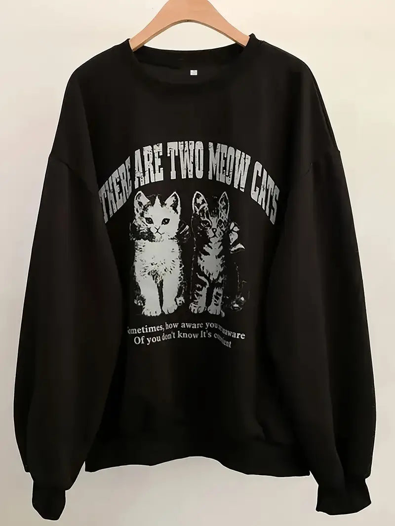 Siyah Unisex Oversize Kedi Grafikli Sweatshirt