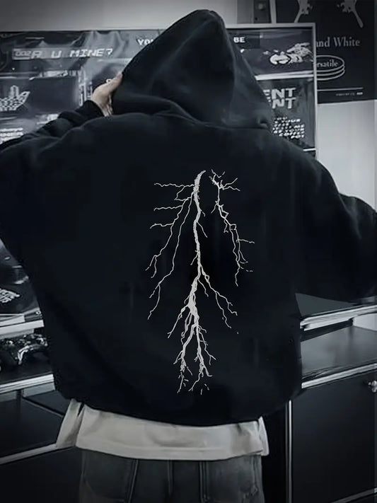 Düz Siyah Unisex Oversize Şimşek Desenli Maskeli Hırka