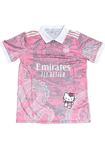 Pembe Hello Kitty Madrid Dragon Jersey Düğmeli Yaka T-shirt