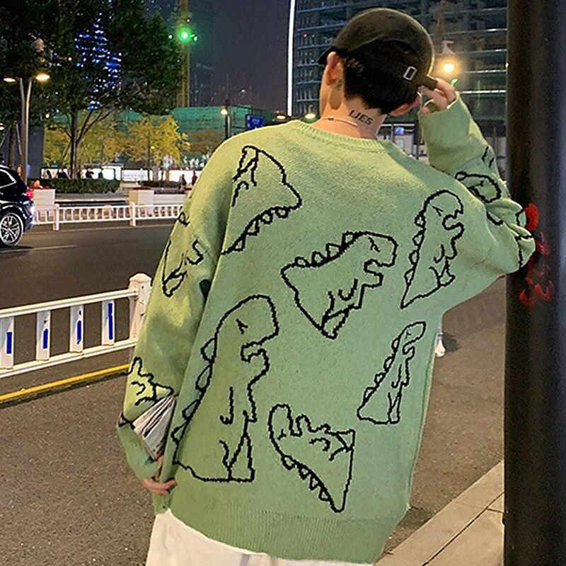 Yeşil Yarım Oversize Unisex Dinazor Kazak