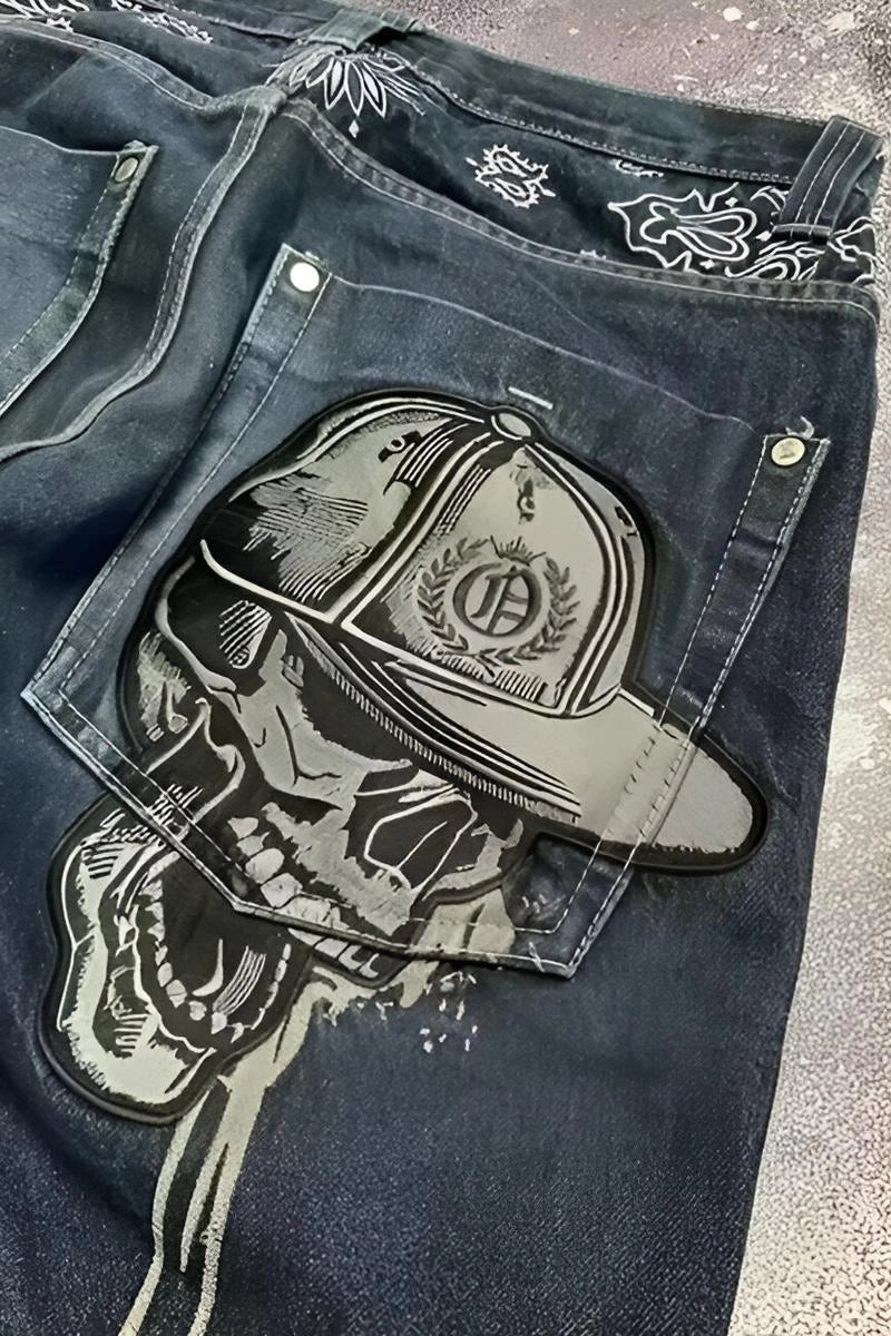 Lacivert Back Side Skull Head Salaş Baggy Kot Pantolon