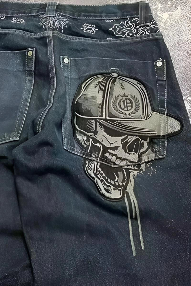 Lacivert Back Side Skull Head Salaş Baggy Kot Pantolon