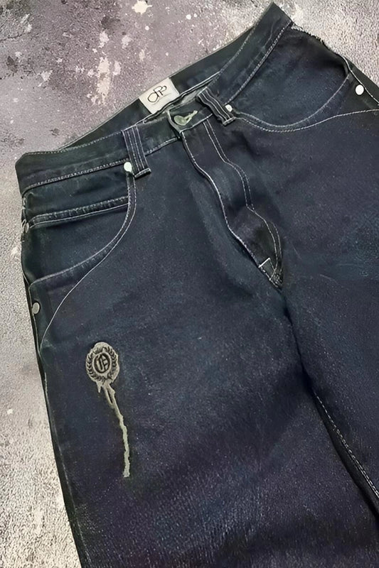 Lacivert Back Side Skull Head Salaş Baggy Kot Pantolon