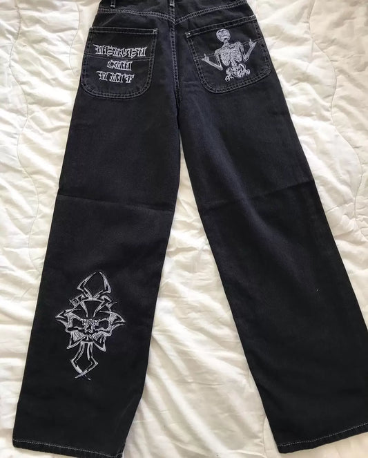 Siyah Nakışlı Skeleton Heaven Can Wait Streetwear Jean Pantolon