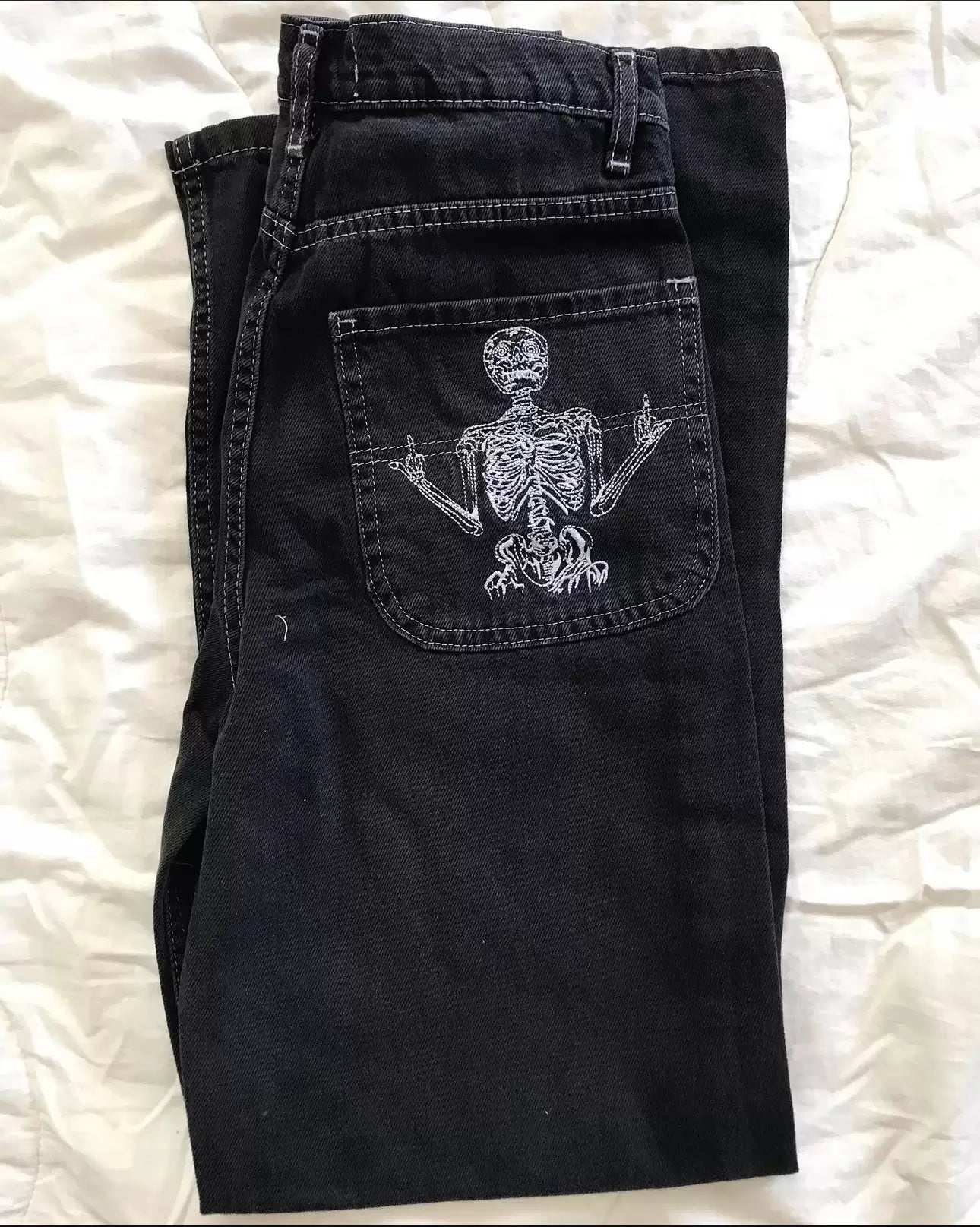 Siyah Nakışlı Skeleton Heaven Can Wait Streetwear Jean Pantolon