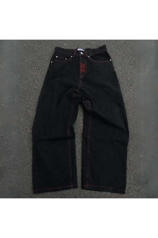 Siyah Skeleton Heaven Can Wait Streetwear Gri Double Fire Skull Streetwear Yıkamalı Jean Pantolon