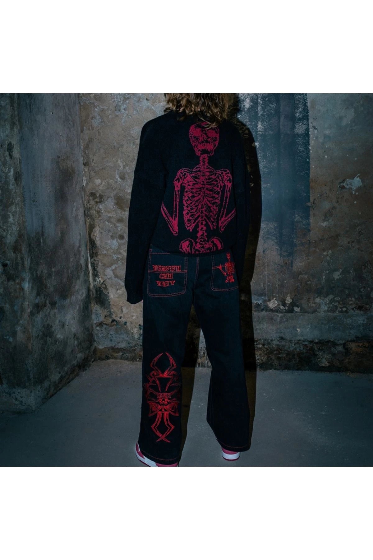 Siyah Skeleton Heaven Can Wait Streetwear Gri Double Fire Skull Streetwear Yıkamalı Jean Pantolon