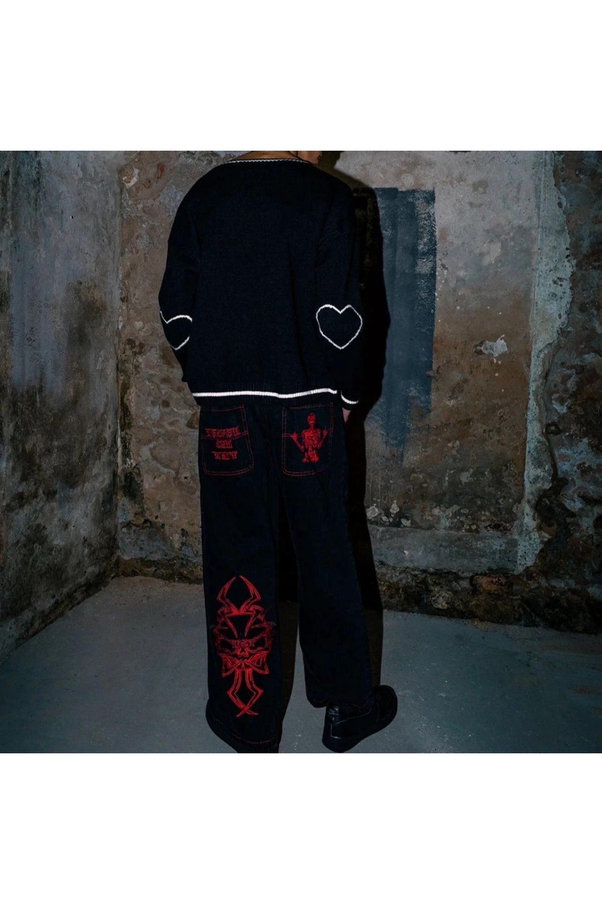 Siyah Skeleton Heaven Can Wait Streetwear Gri Double Fire Skull Streetwear Yıkamalı Jean Pantolon