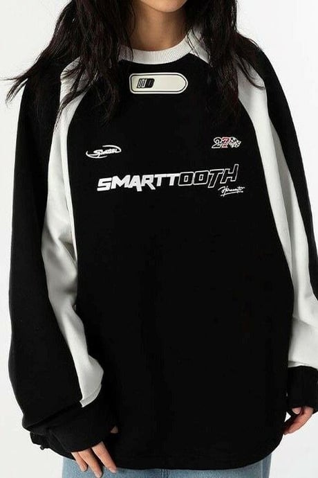 Siyah Y2K Streetwear Smarttooth Baskılı Bisiklet Yaka Sweatshirt