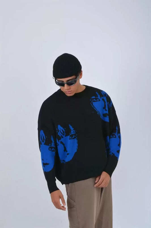 SİYAH YÜZ DESENLİ SOKAK MODASI Triko Kazak