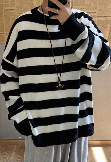 Streetwear Casual Siyah Beyaz Çizgili Oversize Unisex Triko Kazak