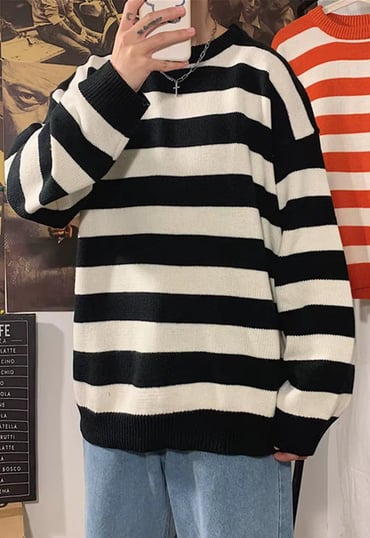 Streetwear Casual Siyah Beyaz Çizgili Oversize Unisex Triko Kazak