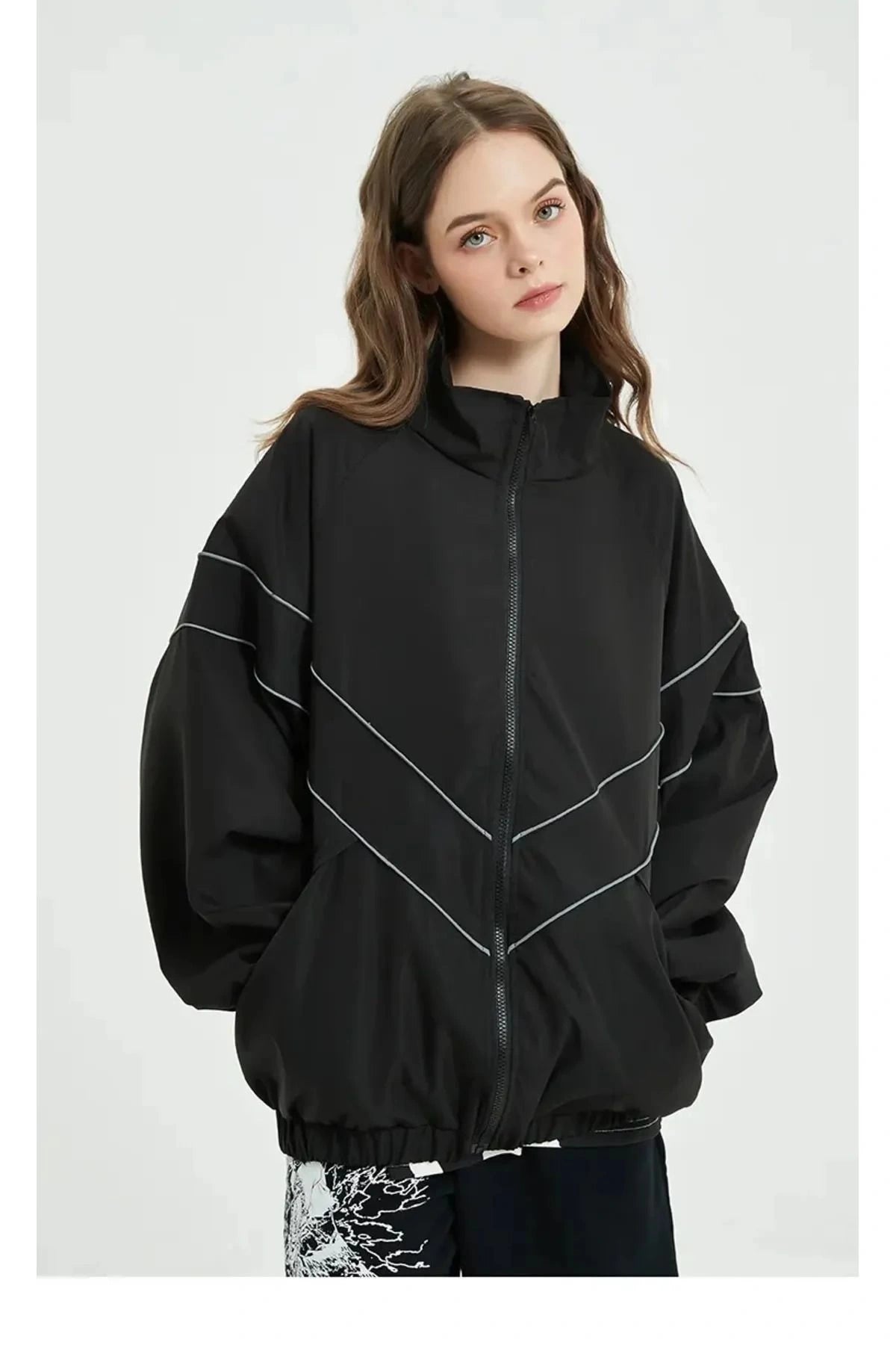 Vintage Siyah Baggy Paraşüt Kumaş Zip Detay Kolej Ceket