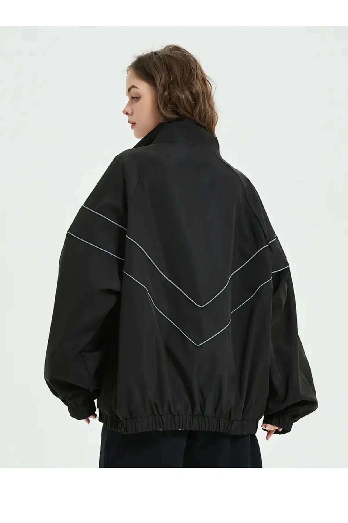 Vintage Siyah Baggy Paraşüt Kumaş Zip Detay Kolej Ceket