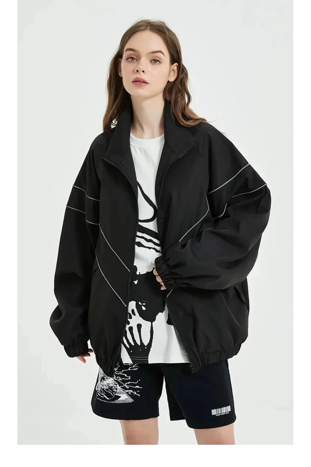 Vintage Siyah Baggy Paraşüt Kumaş Zip Detay Kolej Ceket