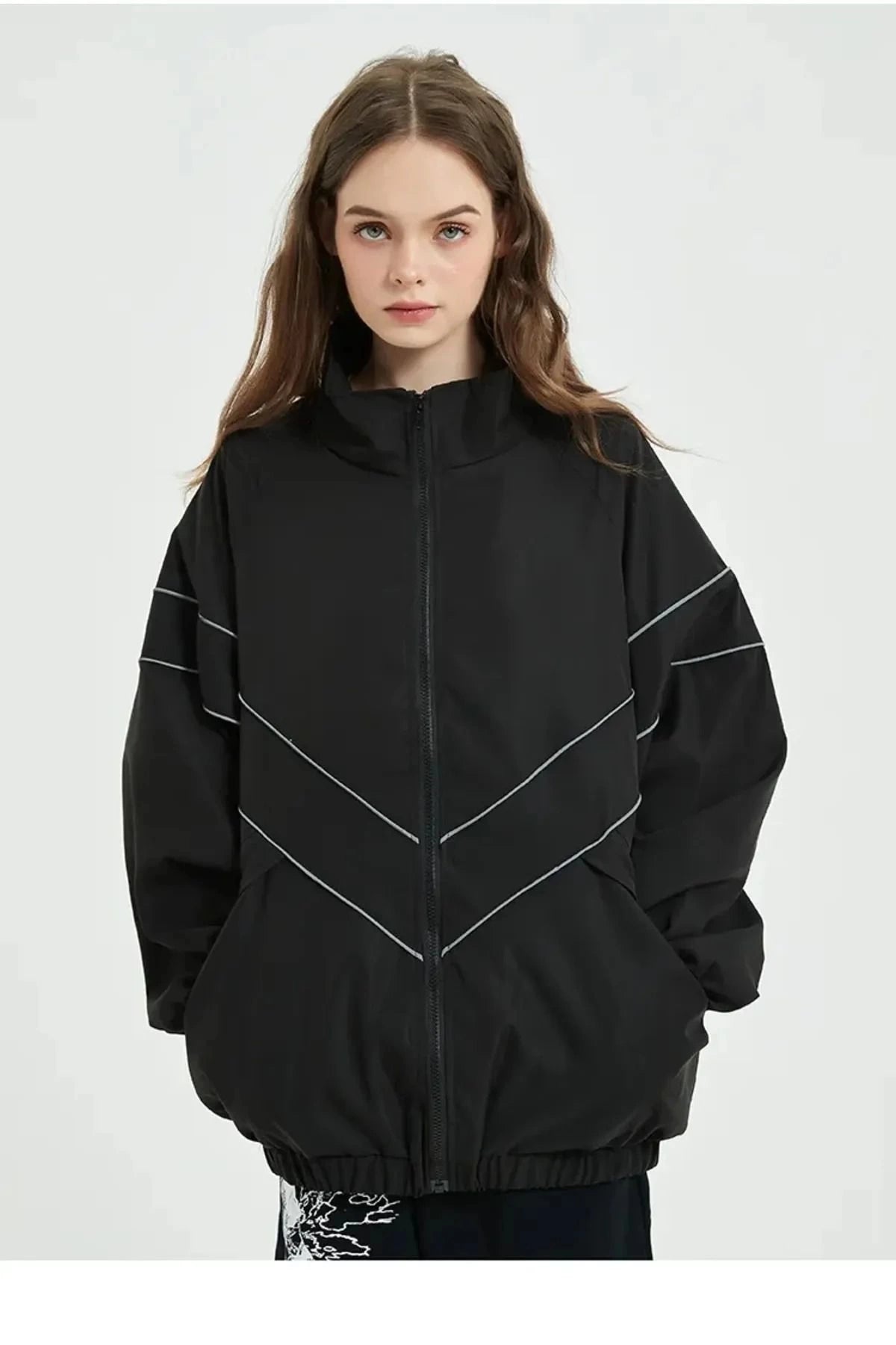 Vintage Siyah Baggy Paraşüt Kumaş Zip Detay Kolej Ceket