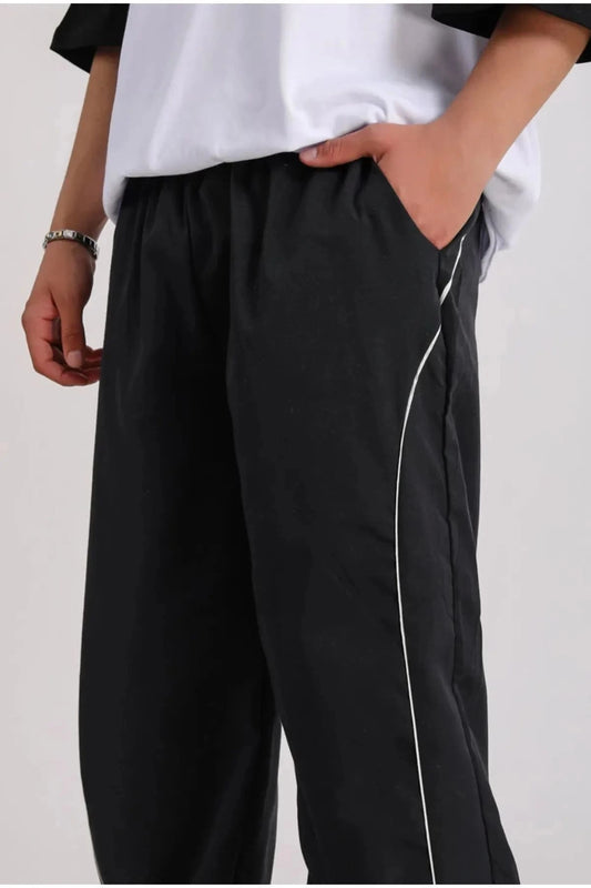 Vintage Siyah Baggy Paraşüt Kumaş Zip Detay Unisex Eşofman Altı