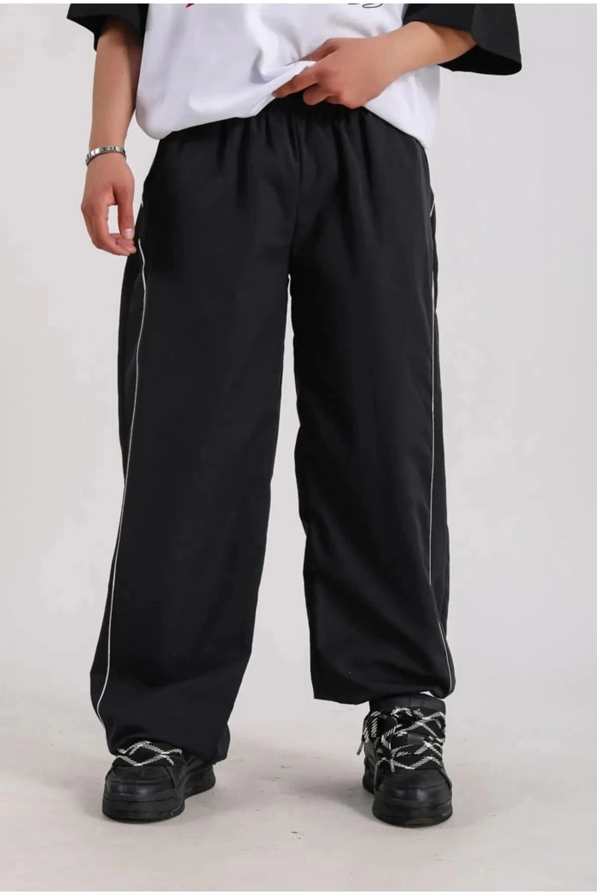 Vintage Siyah Baggy Paraşüt Kumaş Zip Detay Unisex Eşofman Altı