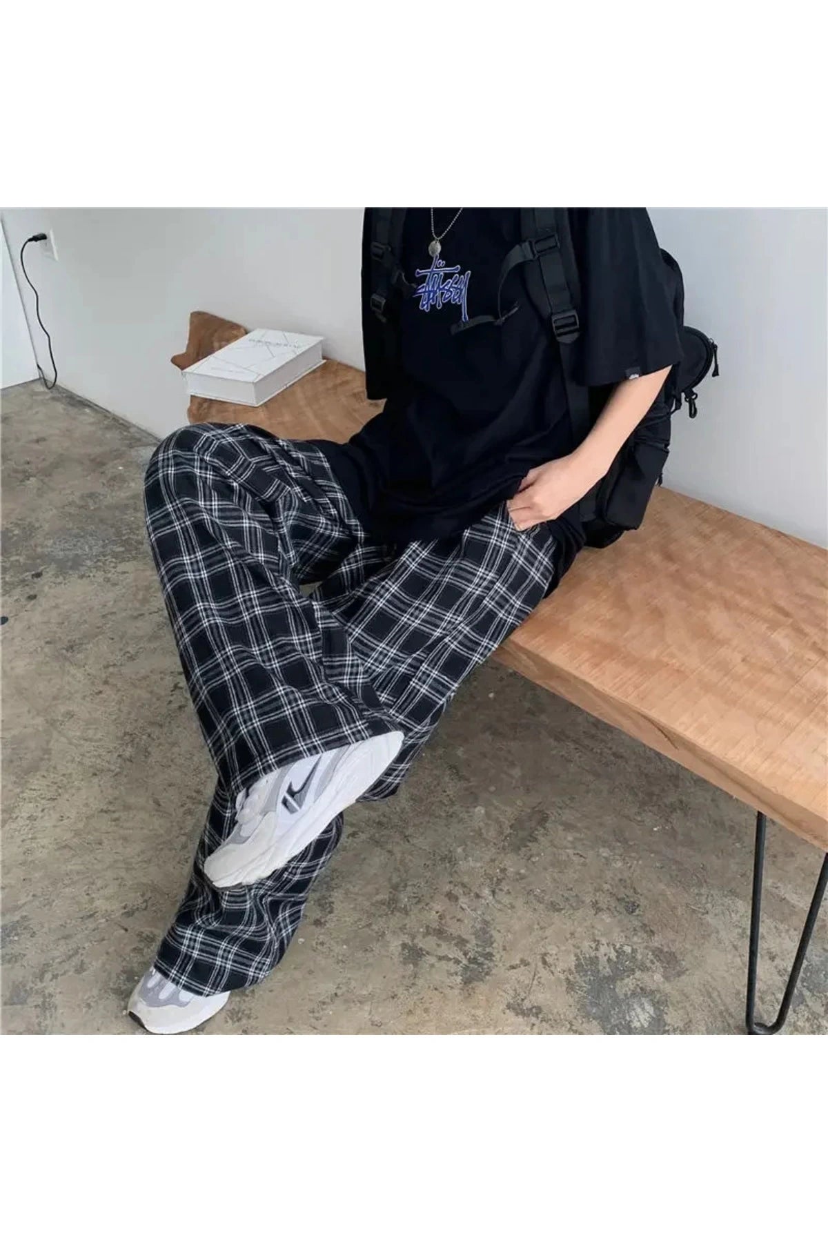Y2K Harajuku Siyah Beyaz Unisex Ekose Eşofman Altı Rahat Kesim