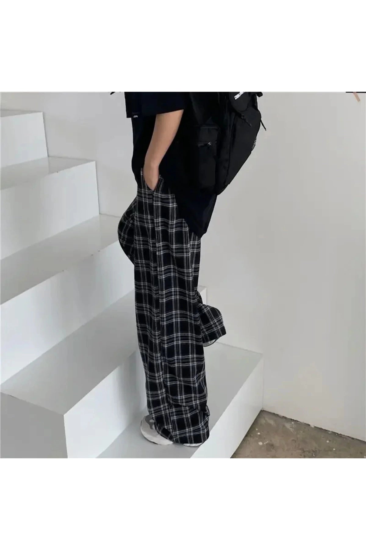 Y2K Harajuku Siyah Beyaz Unisex Ekose Eşofman Altı Rahat Kesim