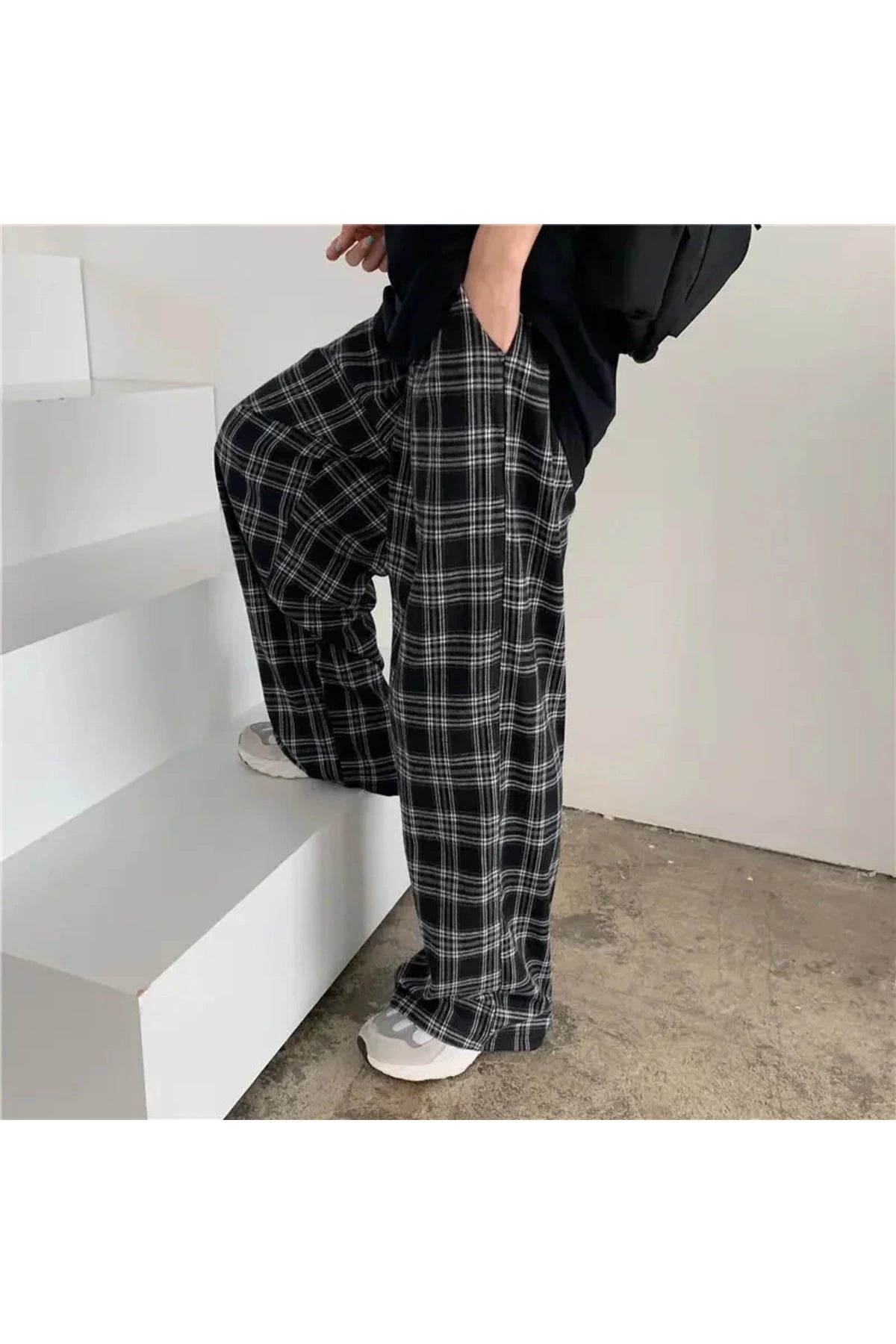 Y2K Harajuku Siyah Beyaz Unisex Ekose Eşofman Altı Rahat Kesim
