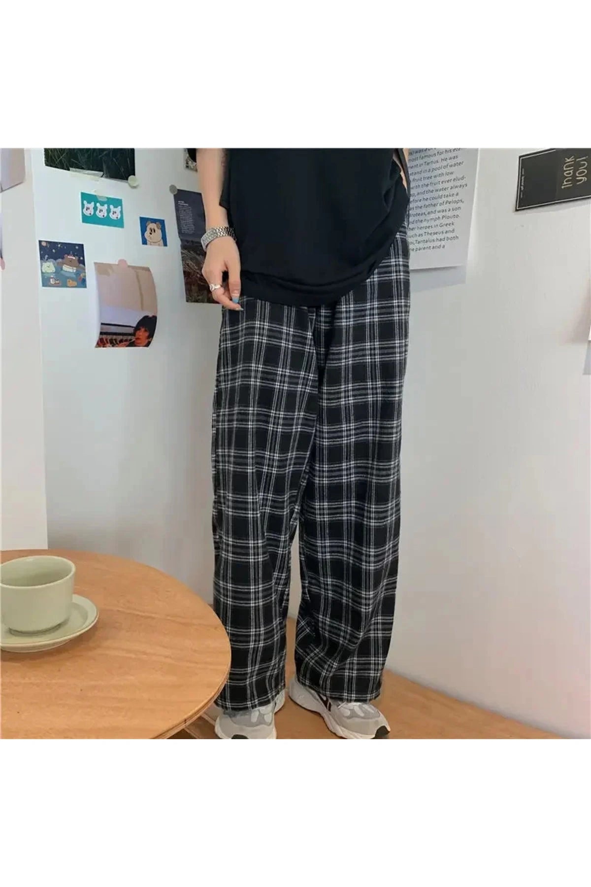 Y2K Harajuku Siyah Beyaz Unisex Ekose Eşofman Altı Rahat Kesim