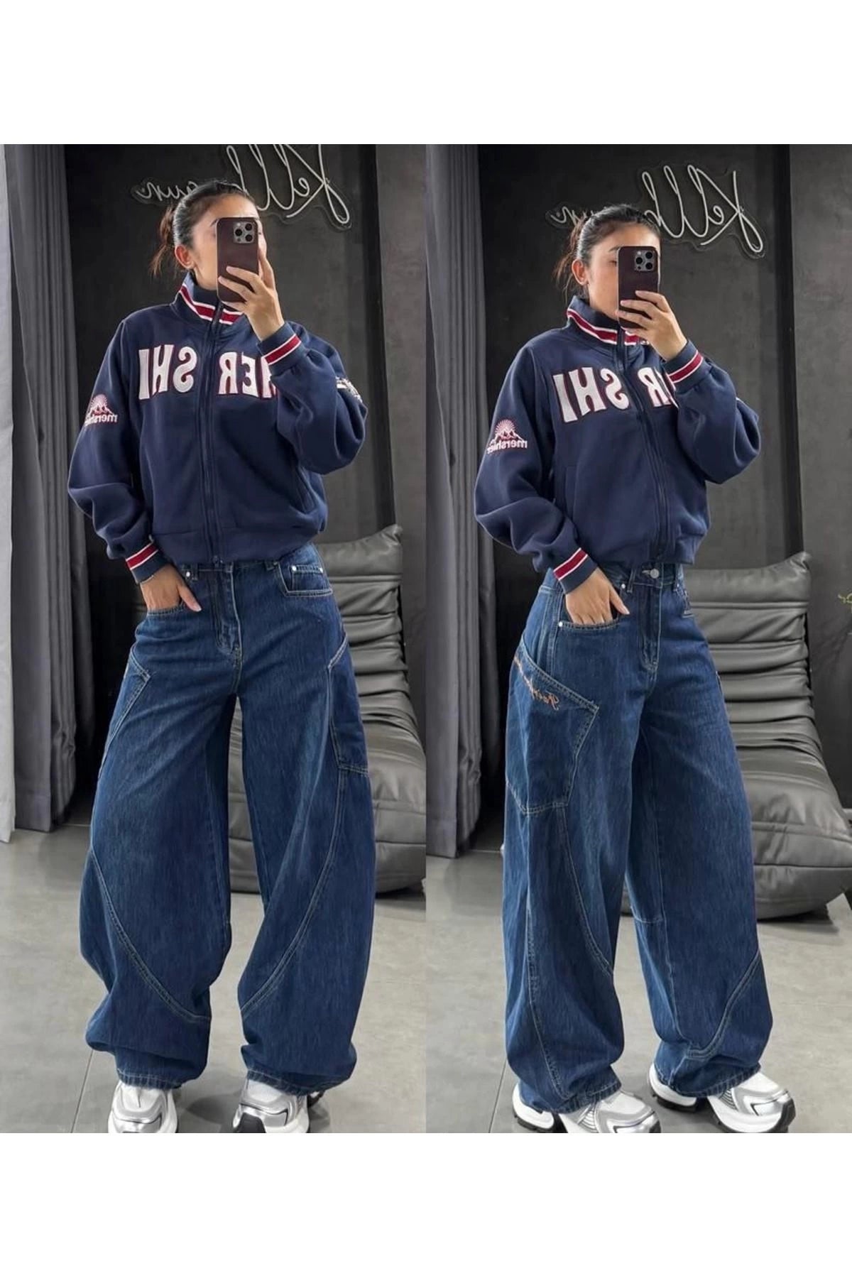 Y2k Mavi Ters Dikiş Cep Detaylı Baggy Pantolon