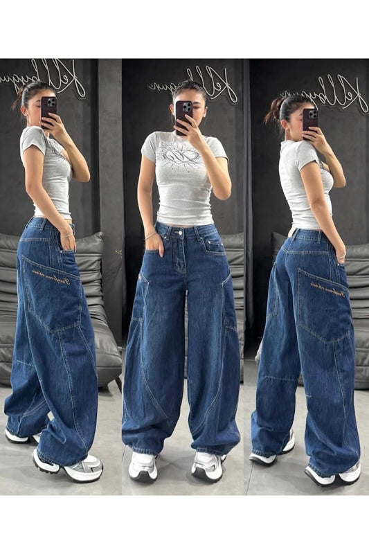 Y2k Mavi Ters Dikiş Cep Detaylı Baggy Pantolon