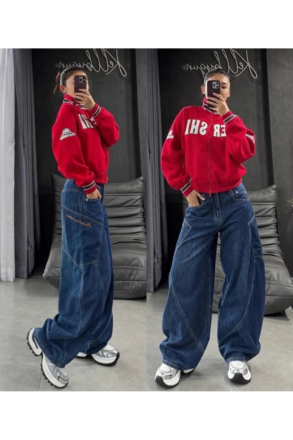 Y2k Mavi Ters Dikiş Cep Detaylı Baggy Pantolon