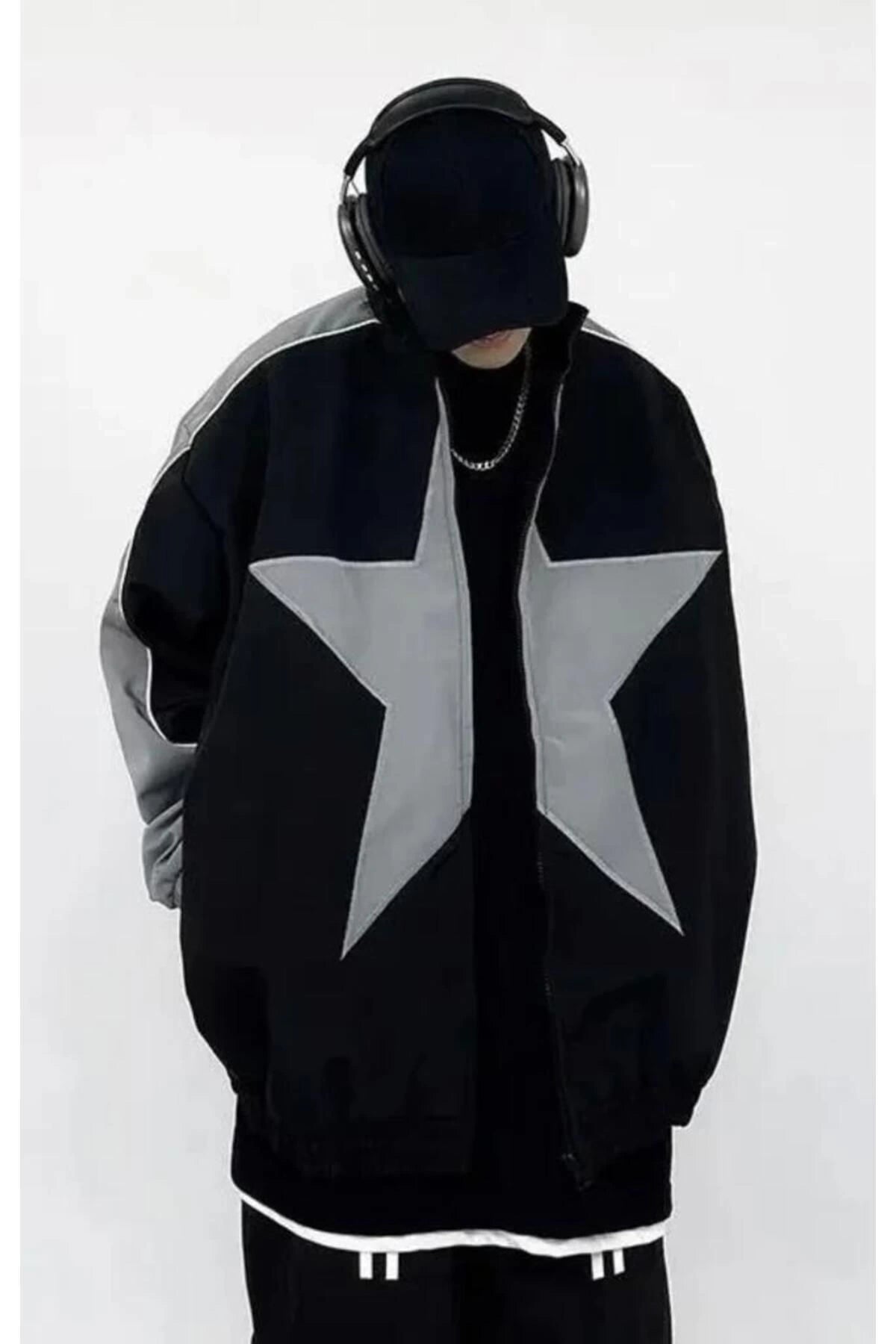 Y2k Siyah Star Yıldız Detay Unisex Streetwear Paraşüt Gri Blok Renk Detay Vintage Ceket