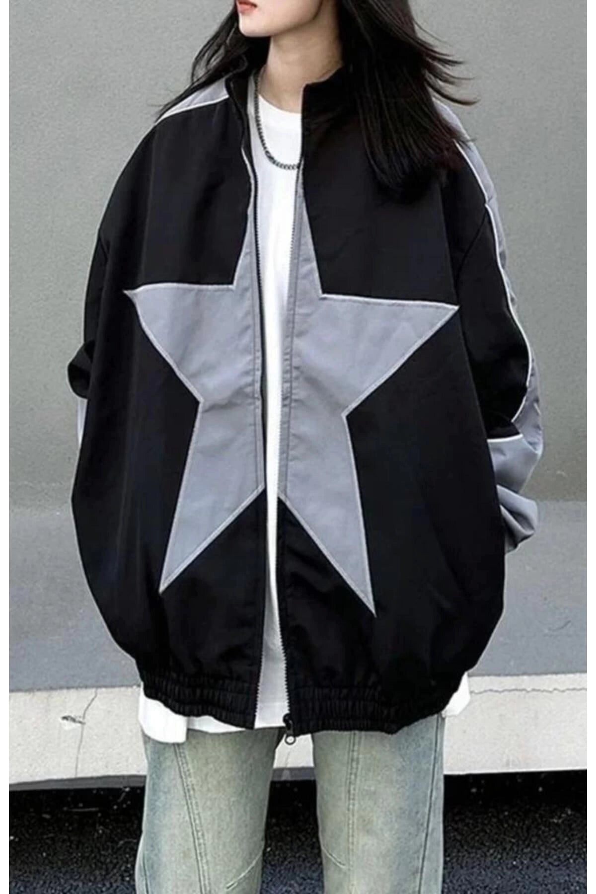 Y2k Siyah Star Yıldız Detay Unisex Streetwear Paraşüt Gri Blok Renk Detay Vintage Ceket