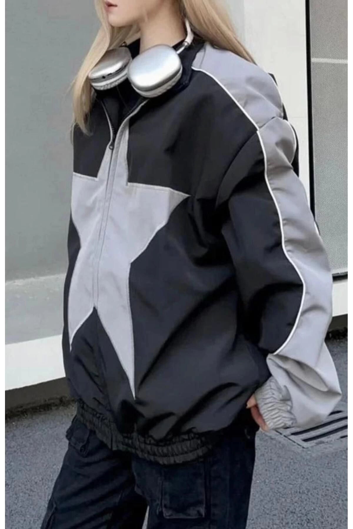 Y2k Siyah Star Yıldız Detay Unisex Streetwear Paraşüt Gri Blok Renk Detay Vintage Ceket