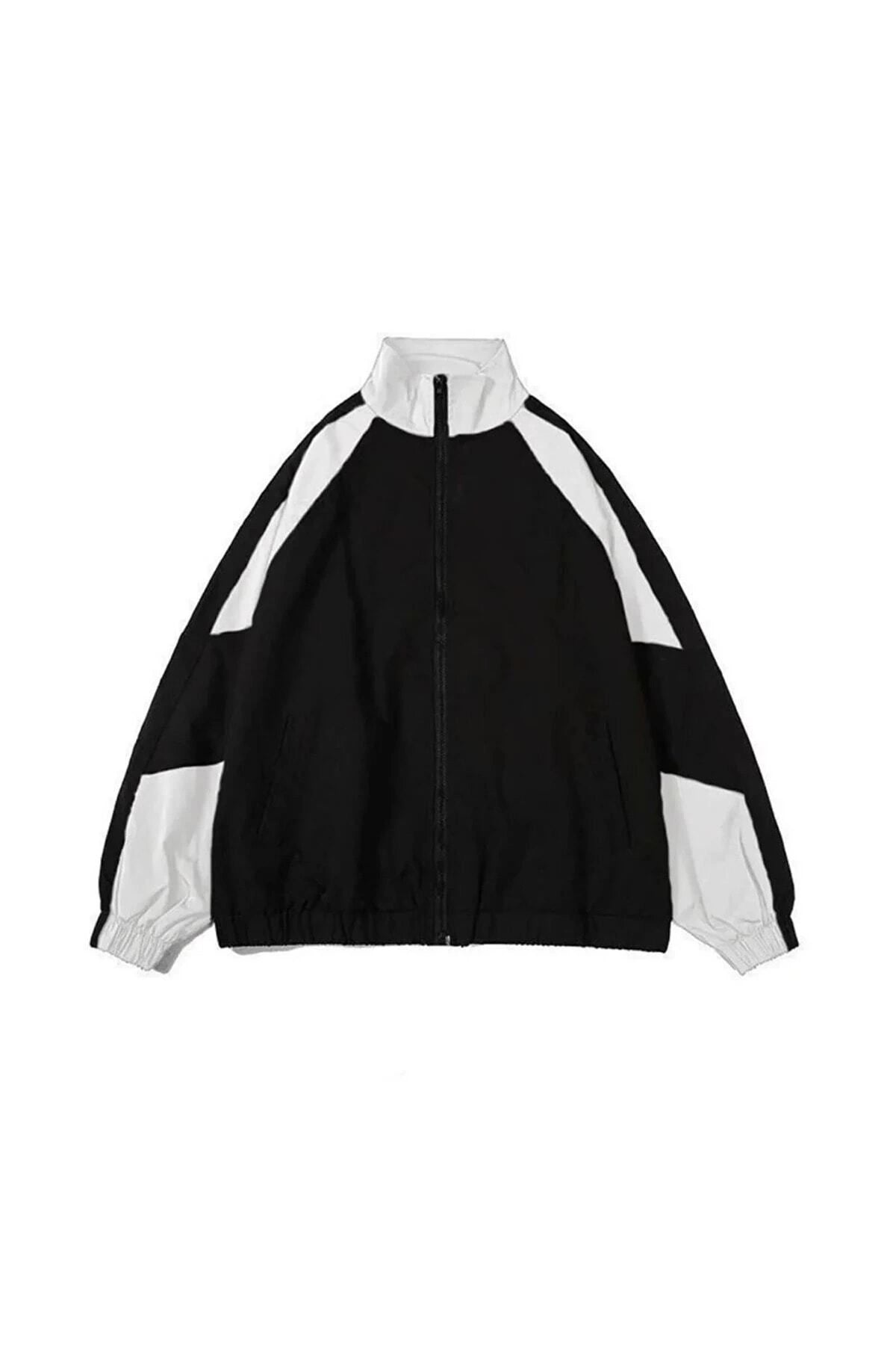 Yağmurluk Ceket Paraşüt Kumaş Unisex Oversize Bol Kalıp Siyah-beyaz Renkli