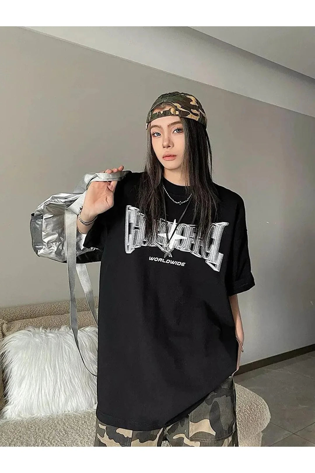 Y2k Ön Arka Baskılı Siyah T-shirt