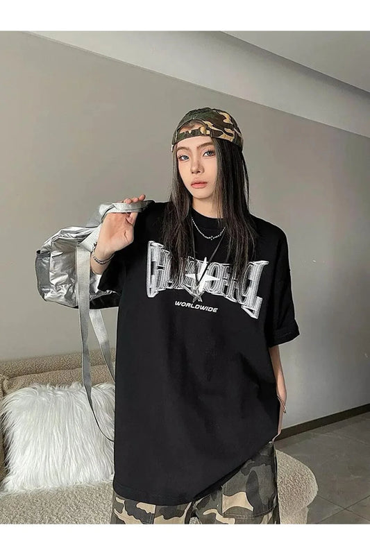 Y2k Ön Arka Baskılı Siyah T-shirt