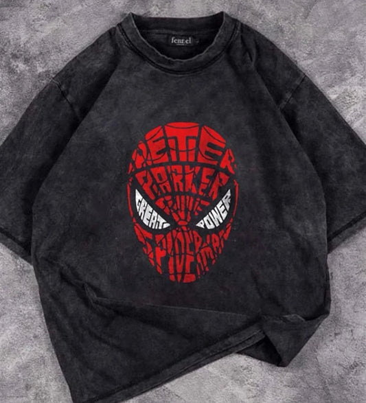 Yıkamalı Spider-man Head Baskılı Oversize Eskitme T-shirt