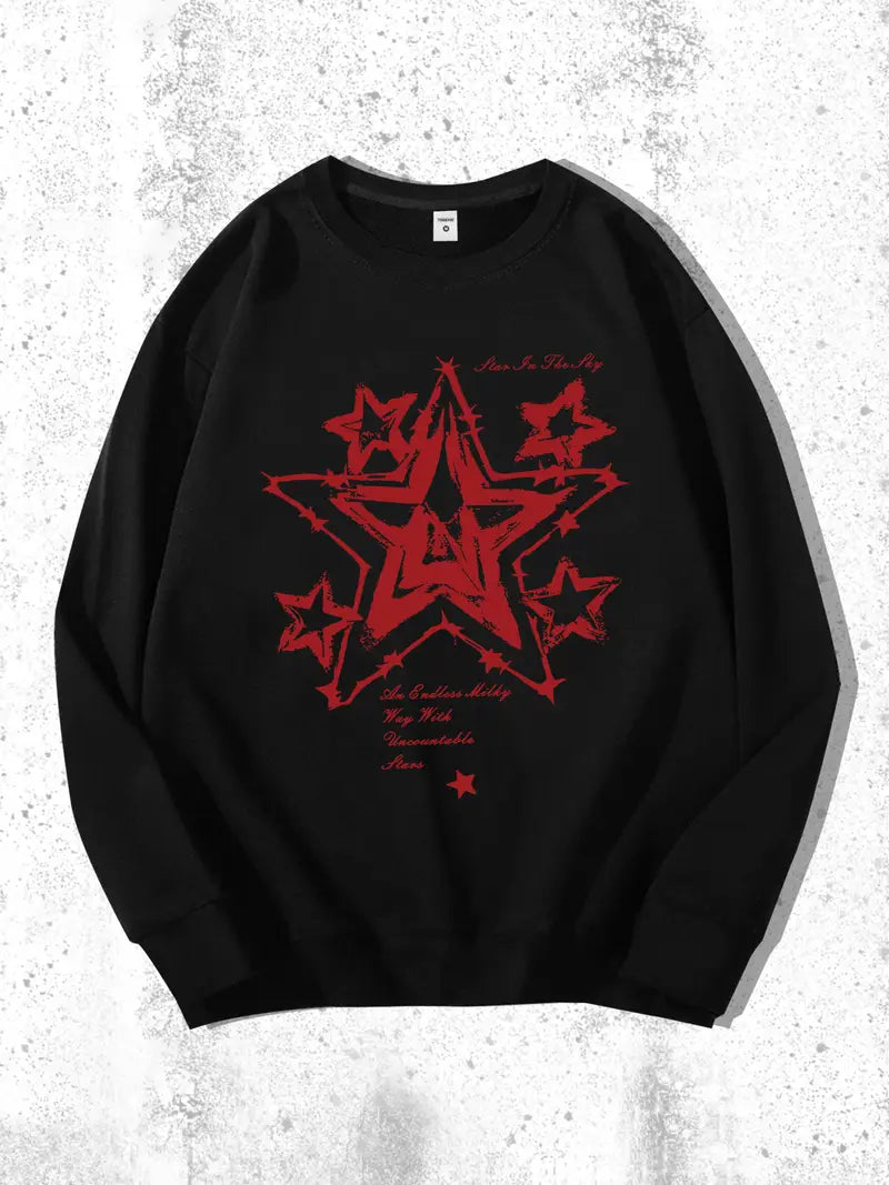 Siyah Unisex Oversize Beşgen Star Baskılı Sweatshirt